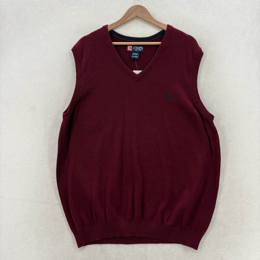 Chaps Sweater Vest Mens XL Red 100% Cotton V Neck Knit Logo Pullover Preppy NWT